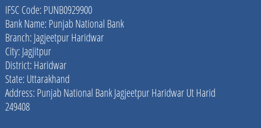 Punjab National Bank Jagjeetpur Haridwar Branch Haridwar IFSC Code PUNB0929900