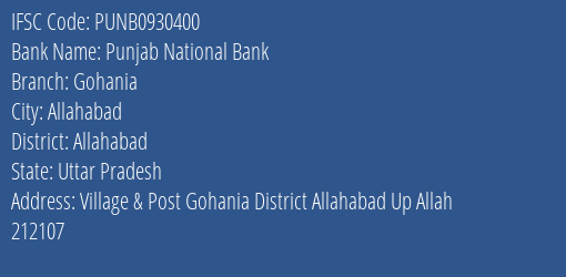 Punjab National Bank Gohania Branch, Branch Code 930400 & IFSC Code Punb0930400