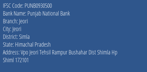 Punjab National Bank Jeori Branch Simla IFSC Code PUNB0930500