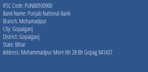 Punjab National Bank Mohamadpur Branch Gopalganj IFSC Code PUNB0930900