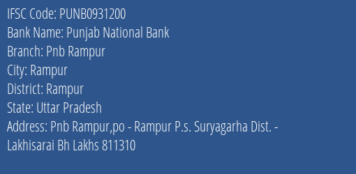 Punjab National Bank Pnb Rampur Branch Rampur IFSC Code PUNB0931200