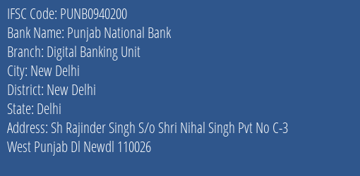 Punjab National Bank Digital Banking Unit Branch, Branch Code 940200 & IFSC Code PUNB0940200