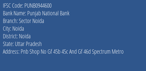 Punjab National Bank Sector Noida Branch Noida IFSC Code PUNB0944600
