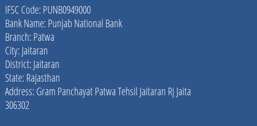 Punjab National Bank Patwa Branch Jaitaran IFSC Code PUNB0949000