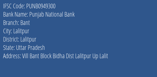 Punjab National Bank Bant Branch Lalitpur IFSC Code PUNB0949300