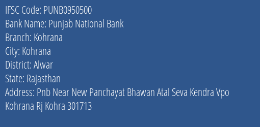 Punjab National Bank Kohrana Branch Alwar IFSC Code PUNB0950500