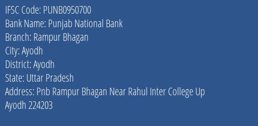 Punjab National Bank Rampur Bhagan Branch Ayodh IFSC Code PUNB0950700