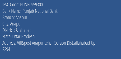 Punjab National Bank Anapur Branch Allahabad IFSC Code PUNB0959300