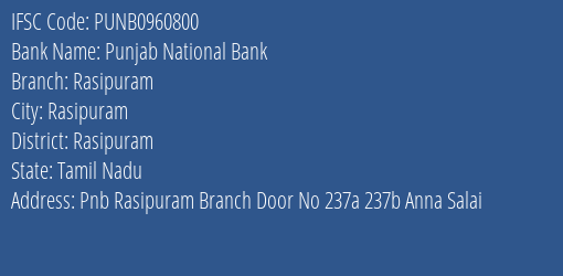 Punjab National Bank Rasipuram Branch Rasipuram IFSC Code PUNB0960800
