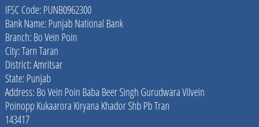 Punjab National Bank Bo Vein Poin Branch Amritsar IFSC Code PUNB0962300