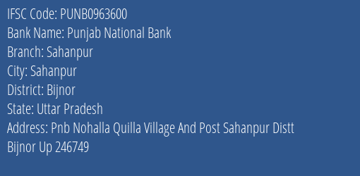 Punjab National Bank Sahanpur Branch Bijnor IFSC Code PUNB0963600