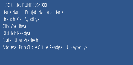 Punjab National Bank Cac Ayodhya Branch Readganj IFSC Code PUNB0964900