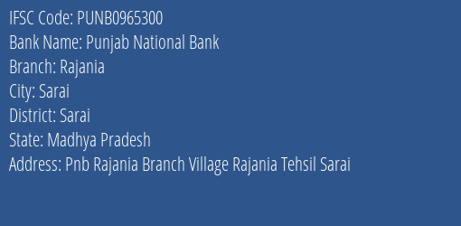 Punjab National Bank Rajania Branch Sarai IFSC Code PUNB0965300