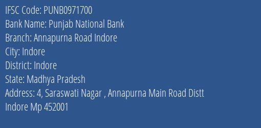 Punjab National Bank Annapurna Road Indore Branch Indore IFSC Code PUNB0971700