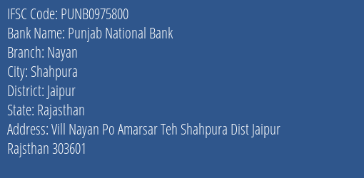 Punjab National Bank Nayan Branch Jaipur IFSC Code PUNB0975800