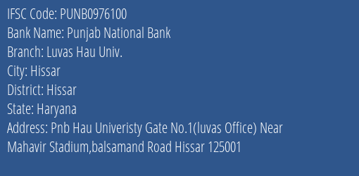 Punjab National Bank Luvas Hau Univ. Branch Hissar IFSC Code PUNB0976100
