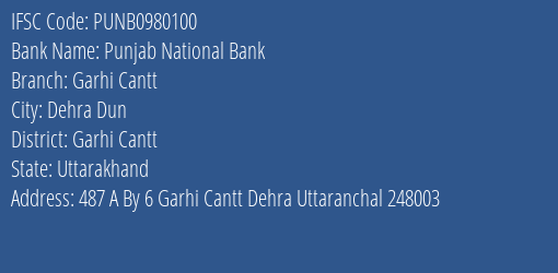 Punjab National Bank Garhi Cantt Branch Garhi Cantt IFSC Code PUNB0980100