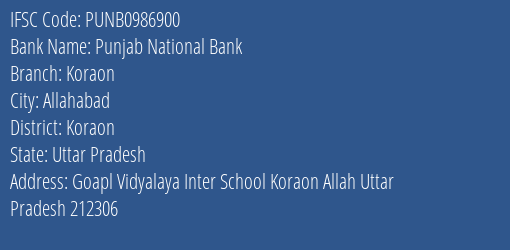 Punjab National Bank Koraon Branch Koraon IFSC Code PUNB0986900