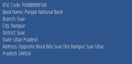 Punjab National Bank Suar Branch, Branch Code 989100 & IFSC Code Punb0989100