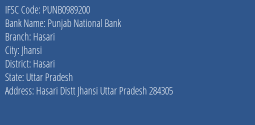 Punjab National Bank Hasari Branch Hasari IFSC Code PUNB0989200