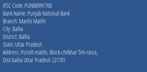 Punjab National Bank Marihi Matihi Branch Ballia IFSC Code PUNB0991700