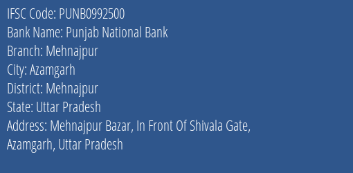 Punjab National Bank Mehnajpur Branch Mehnajpur IFSC Code PUNB0992500