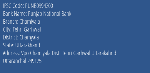 Punjab National Bank Chamiyala Branch Chamyala IFSC Code PUNB0994200
