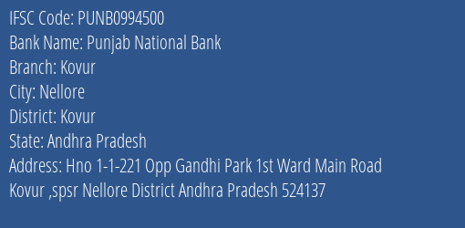Punjab National Bank Kovur Branch Kovur IFSC Code PUNB0994500