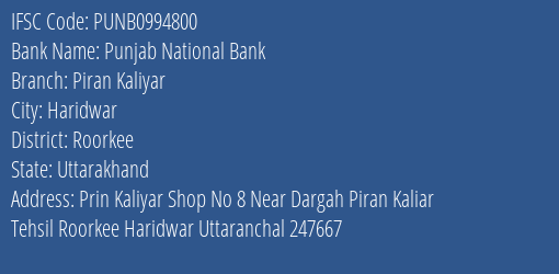 Punjab National Bank Piran Kaliyar Branch Roorkee IFSC Code PUNB0994800