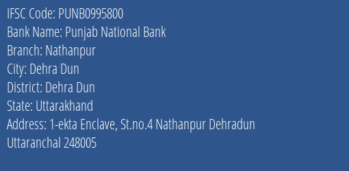 Punjab National Bank Nathanpur Branch Dehra Dun IFSC Code PUNB0995800