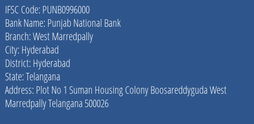 Punjab National Bank West Marredpally Branch, Branch Code 996000 & IFSC Code PUNB0996000