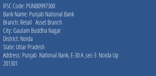 Punjab National Bank Retail Asset Branch Branch, Branch Code 997300 & IFSC Code PUNB0997300