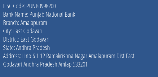 Punjab National Bank Amalapuram Branch, Branch Code 998200 & IFSC Code PUNB0998200
