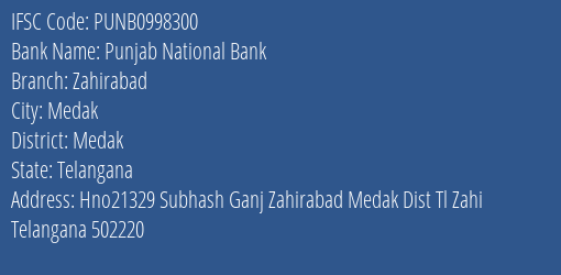 Punjab National Bank Zahirabad Branch, Branch Code 998300 & IFSC Code PUNB0998300