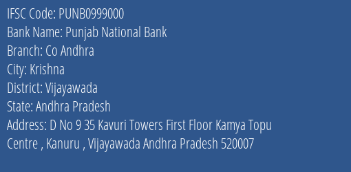Punjab National Bank Co Andhra Branch, Branch Code 999000 & IFSC Code Punb0999000