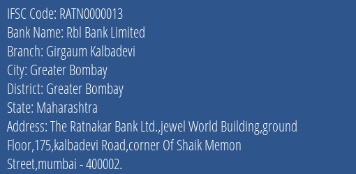 Rbl Bank Limited Girgaum Kalbadevi Branch, Branch Code 000013 & IFSC Code RATN0000013