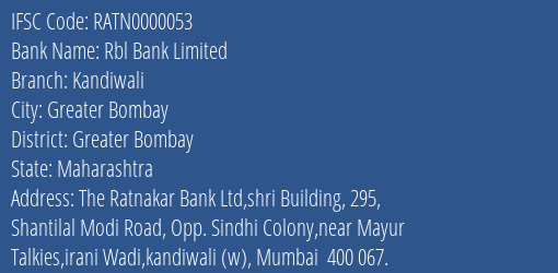 Rbl Bank Limited Kandiwali Branch, Branch Code 000053 & IFSC Code RATN0000053