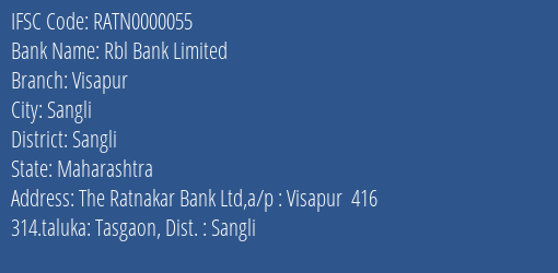 Rbl Bank Visapur Branch Sangli IFSC Code RATN0000055