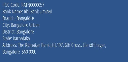 Rbl Bank Limited Bangalore Branch IFSC Code