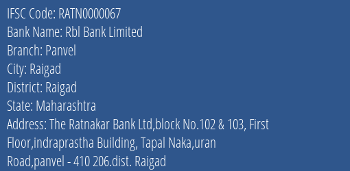 Rbl Bank Limited Panvel Branch, Branch Code 000067 & IFSC Code RATN0000067