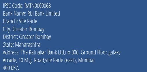 Rbl Bank Limited Vile Parle Branch, Branch Code 000068 & IFSC Code RATN0000068