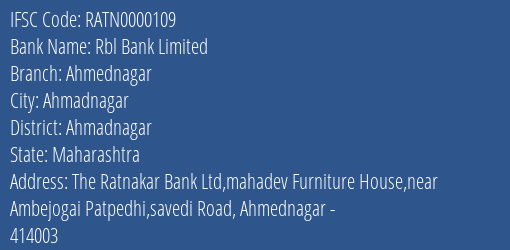 Rbl Bank Limited Ahmednagar Branch, Branch Code 000109 & IFSC Code RATN0000109