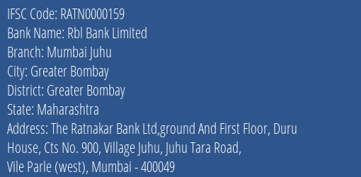 Rbl Bank Limited Mumbai Juhu Branch, Branch Code 000159 & IFSC Code RATN0000159