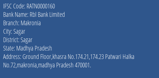 Rbl Bank Makronia Branch Sagar IFSC Code RATN0000160