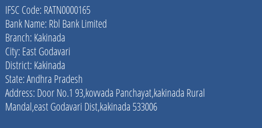 Rbl Bank Kakinada Branch Kakinada IFSC Code RATN0000165