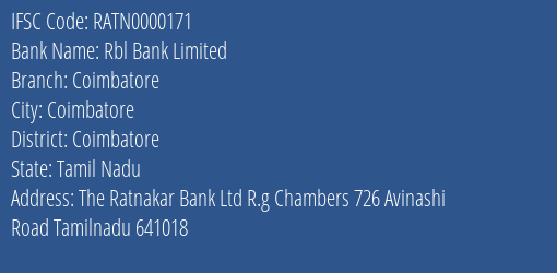 Rbl Bank Coimbatore Branch Coimbatore IFSC Code RATN0000171