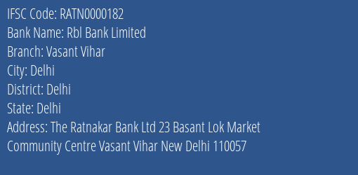 Rbl Bank Limited Vasant Vihar Branch IFSC Code