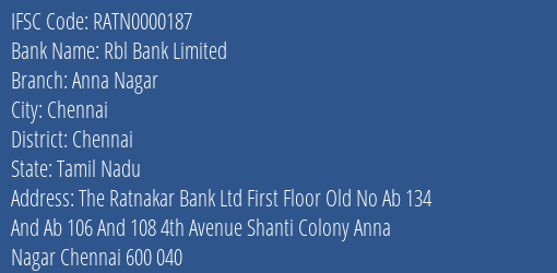 Rbl Bank Limited Anna Nagar Branch IFSC Code