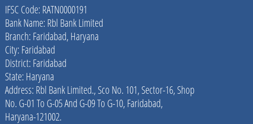Rbl Bank Limited Faridabad Haryana Branch, Branch Code 000191 & IFSC Code RATN0000191