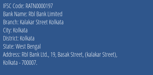 Rbl Bank Limited Kalakar Street Kolkata Branch, Branch Code 000197 & IFSC Code RATN0000197